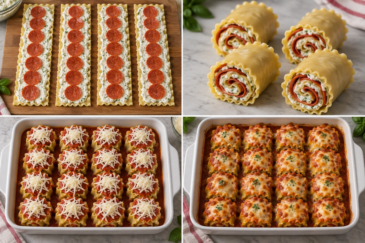 Four chronological preparation stages for Pepperoni Pizza Lasagna Roll Ups