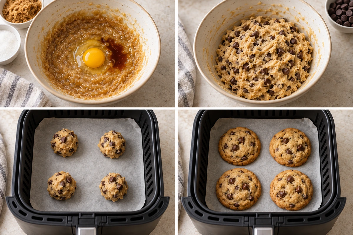 Four chronological preparation stages for Air Fryer Chocolate Chip Cookies