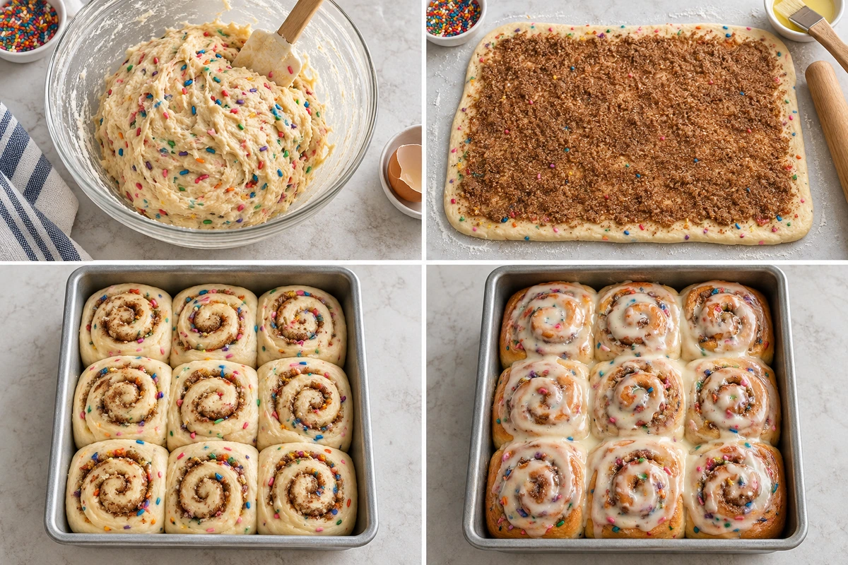 Four chronological preparation stages for Funfetti Cinnamon Rolls