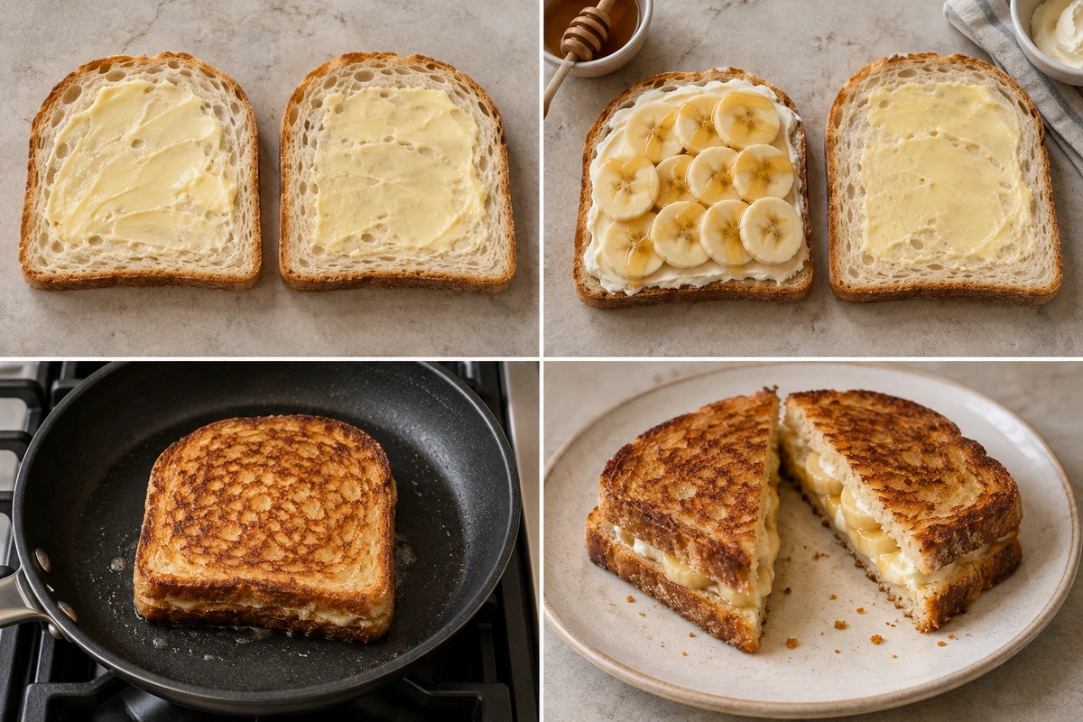 Four chronological preparation stages for Honey Banana Grilled Cheese Sandwich