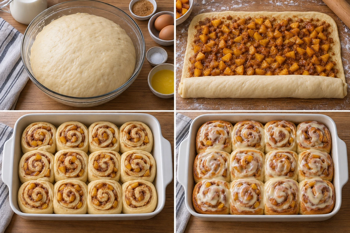 Four chronological preparation stages for Peach Cobbler Cinnamon Rolls