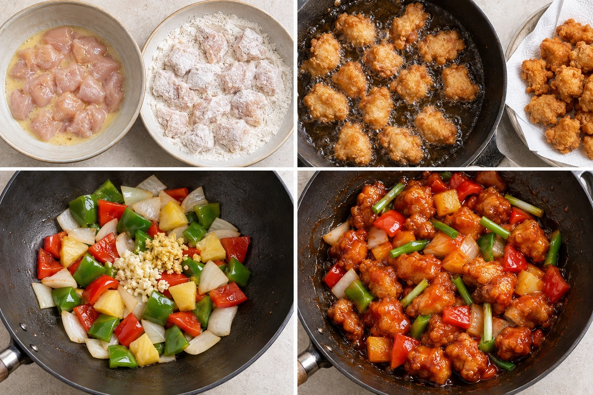 Four chronological preparation stages for Sweet and Sour Chicken