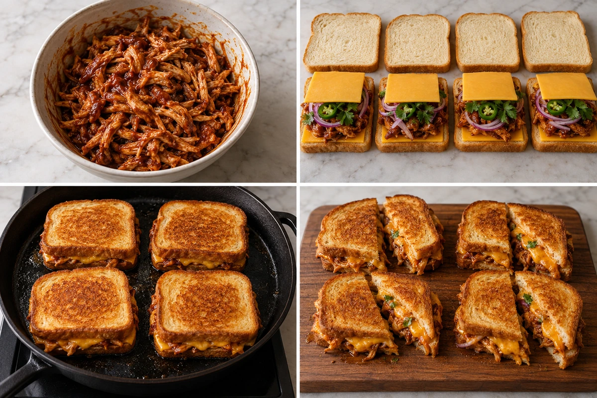 Four chronological preparation stages for BBQ Chicken Grilled Cheese