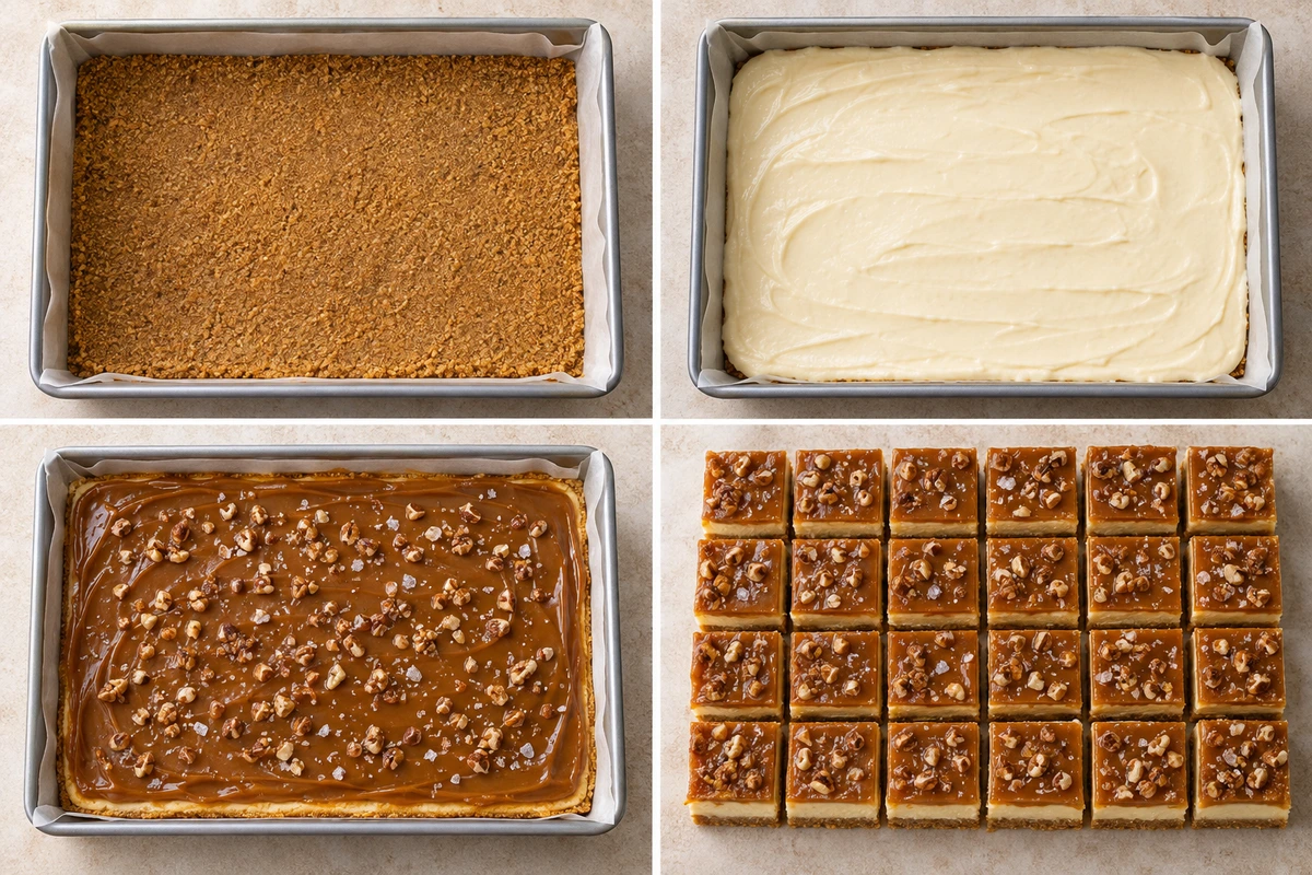 Four chronological preparation stages for Dulce de Leche Cheesecake Bars