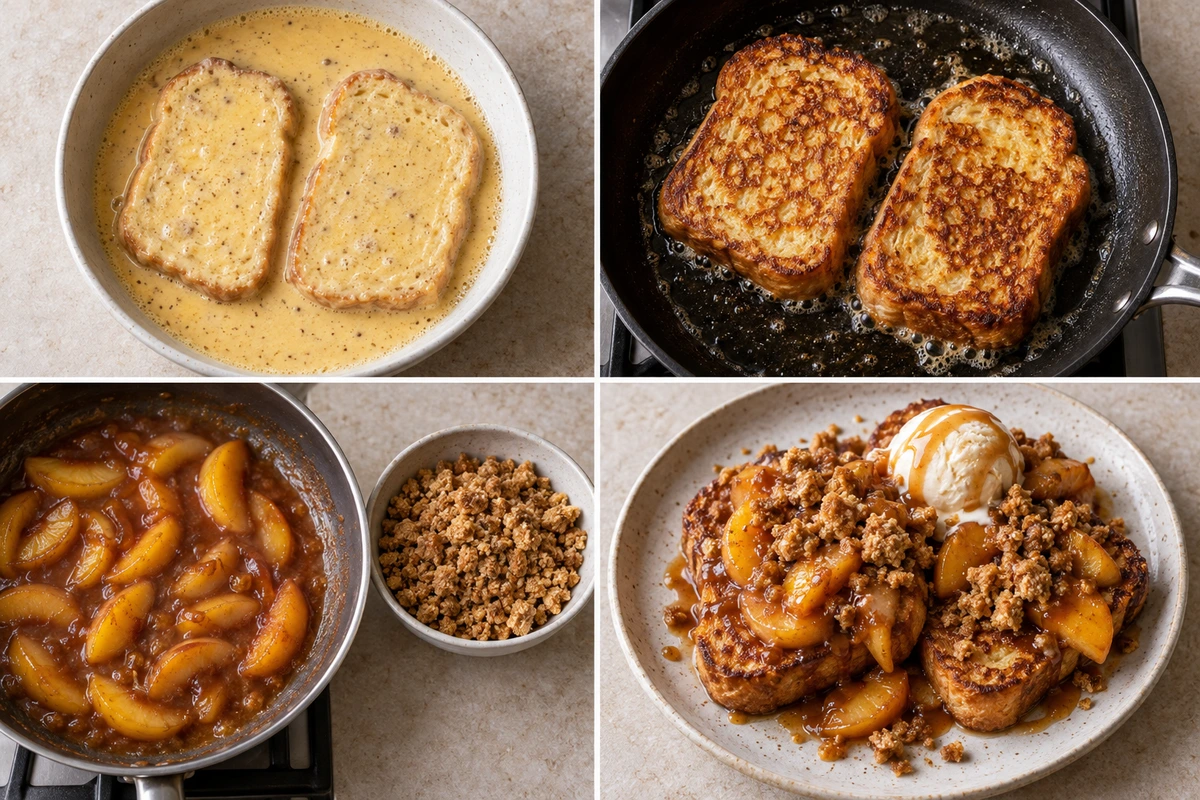 Four chronological preparation stages for Easy Peach Cobbler French Toast
