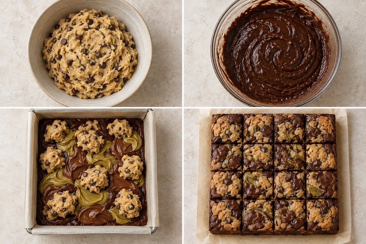 Four chronological preparation stages for Pistachio Brookies