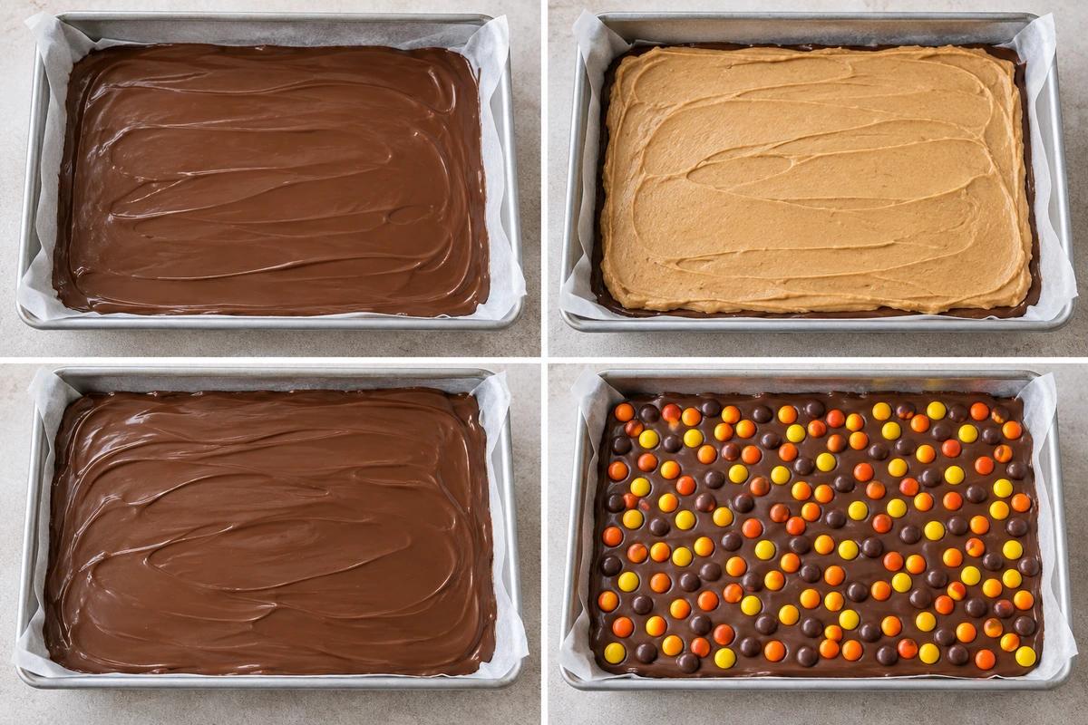 Four chronological preparation stages for Reese's Pieces Peanut Butter Bark