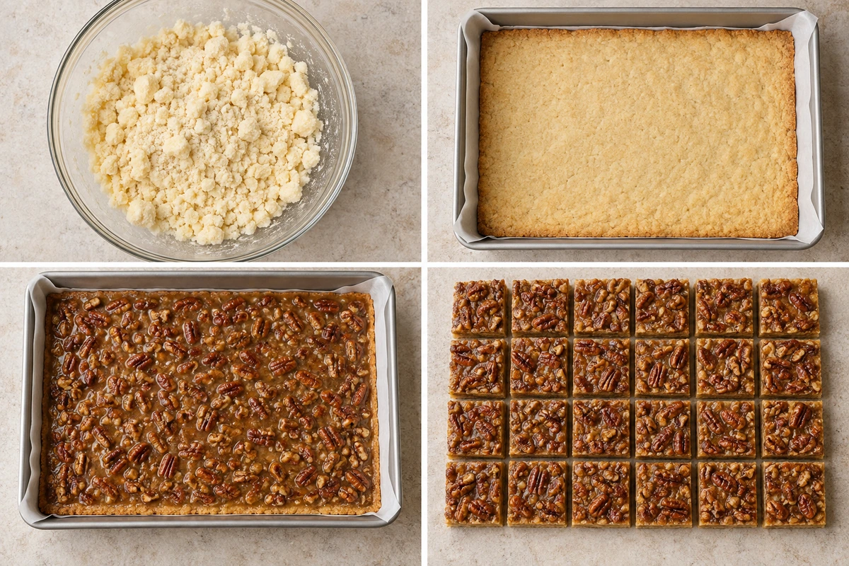 Four chronological preparation stages for Carolina Pecan Bars