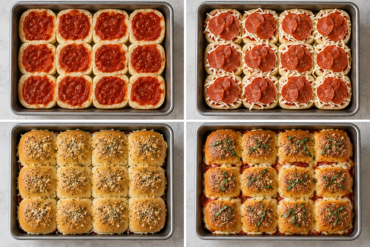 Four chronological preparation stages for Pepperoni Pizza Sliders