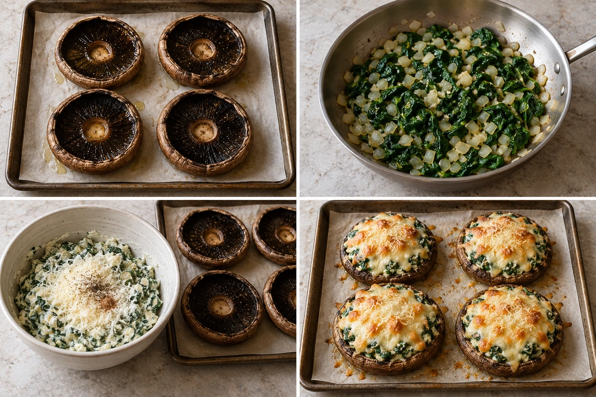 Four chronological preparation stages for Spinach and Cheese Stuffed Portobello Mushroom
