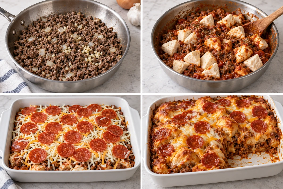 Four chronological preparation stages for Bubble Up Pizza Casserole