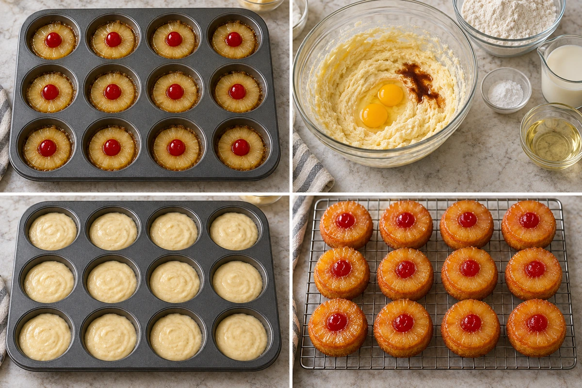 Four chronological preparation stages for Easy Pineapple Upside Down Cupcakes