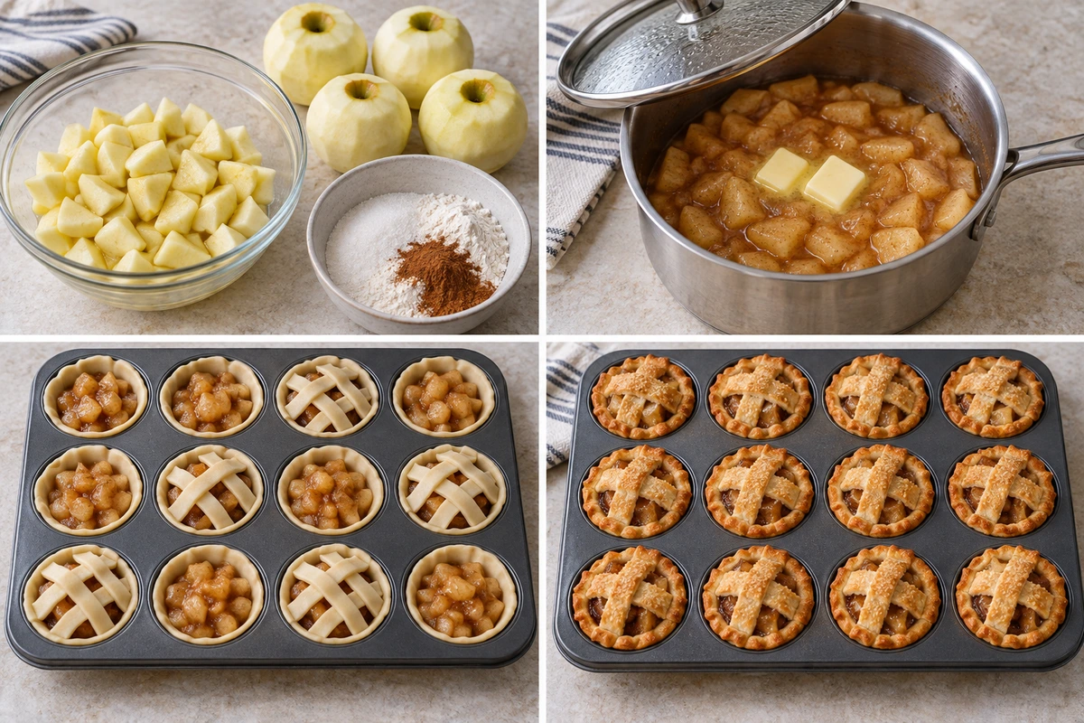 Four chronological preparation stages for Mini Apple Pies