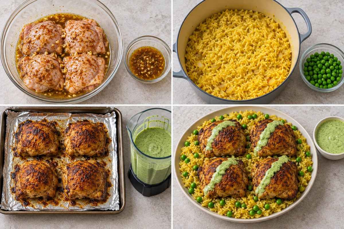 Four chronological preparation stages for Peruvian Chicken and Rice with Green Sauce