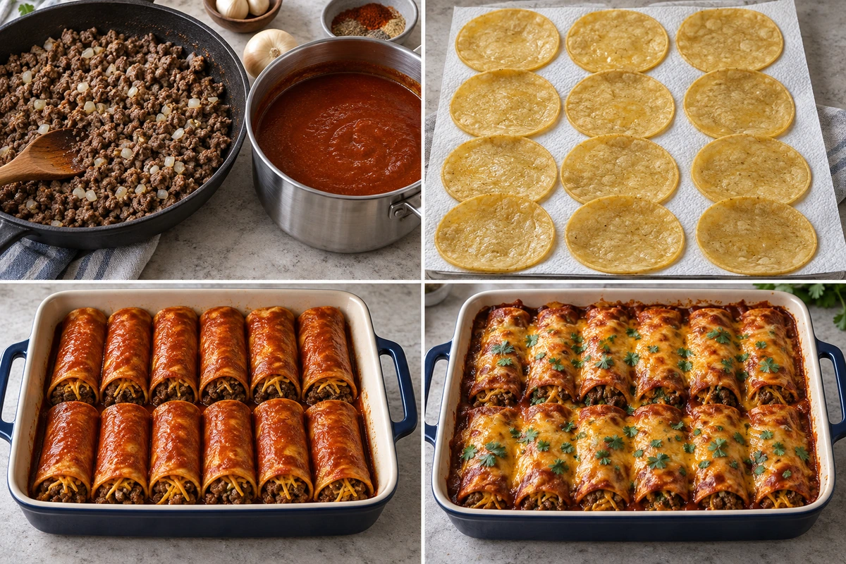 Four chronological preparation stages for Tex-Mex Beef Enchiladas