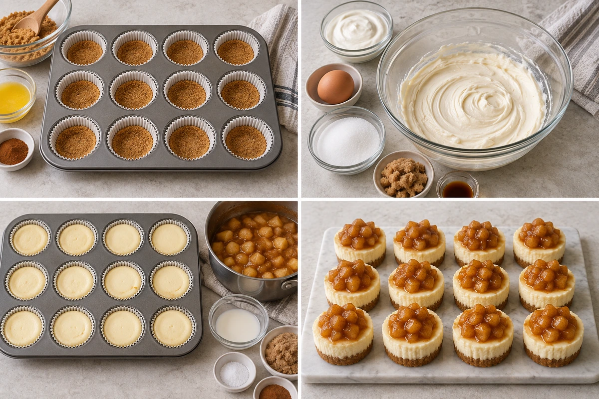 Four chronological preparation stages for Apple Mini Cheesecakes