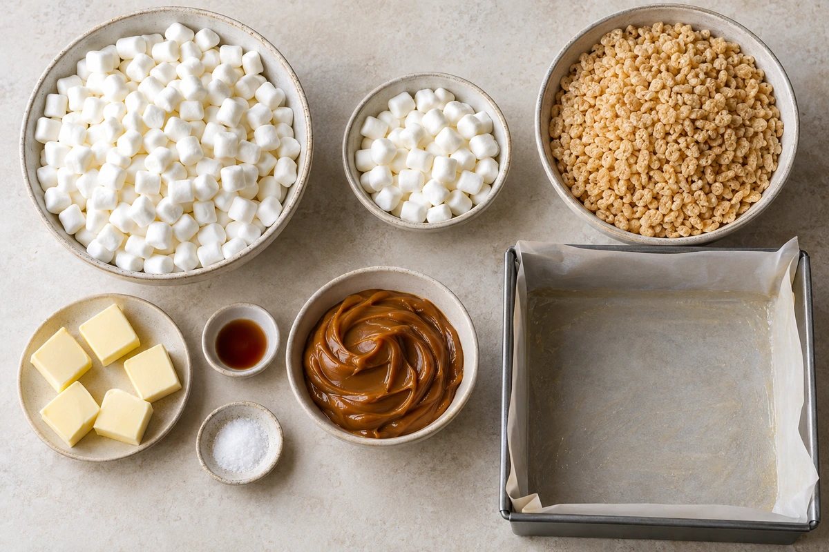 Exact measured ingredients for Brown Butter Dulce de Leche Rice Krispie Treats