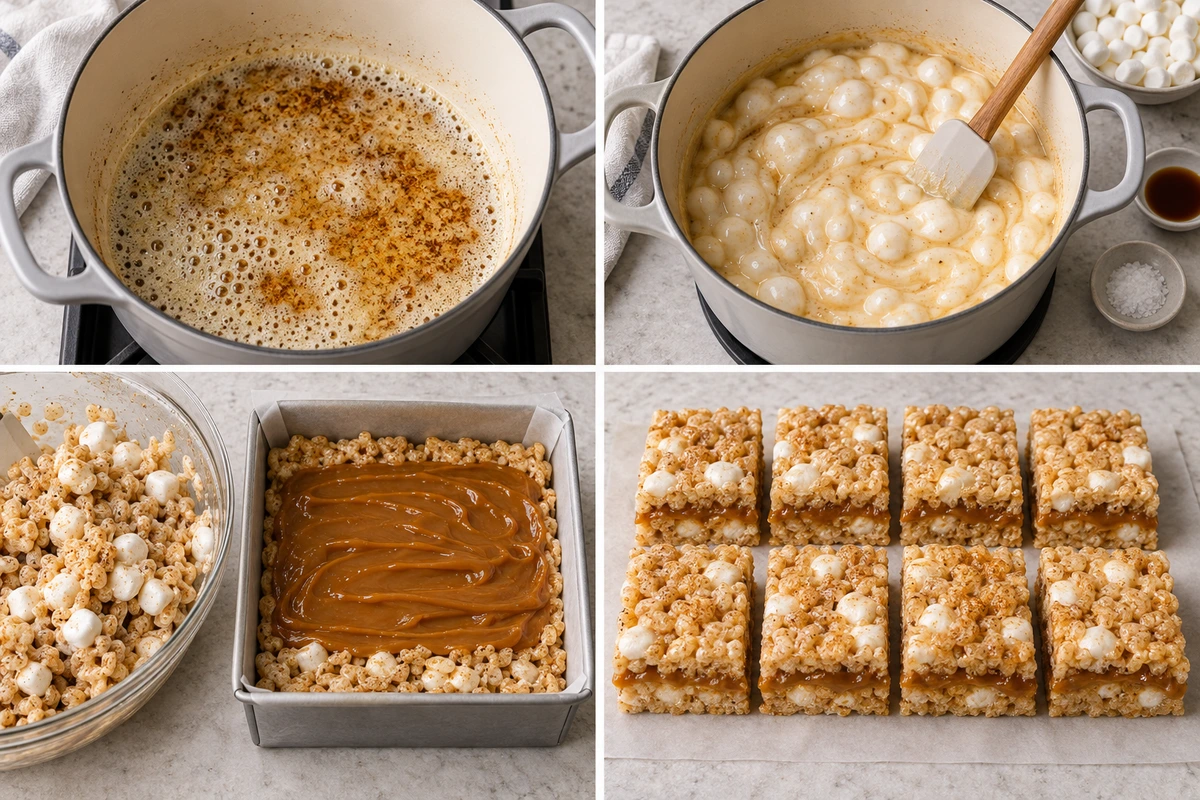 Four chronological preparation stages for Brown Butter Dulce de Leche Rice Krispie Treats