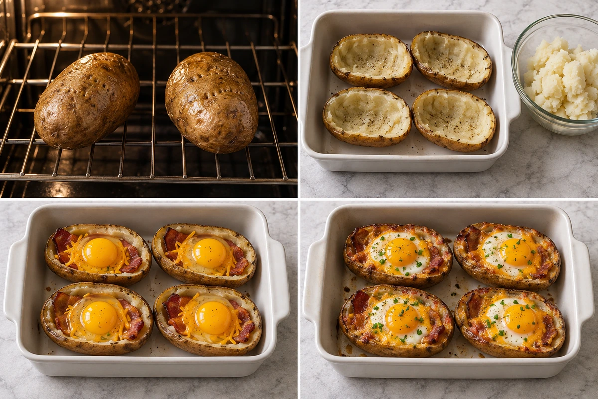 Four chronological preparation stages for Double Baked Bacon Egg Potatoes