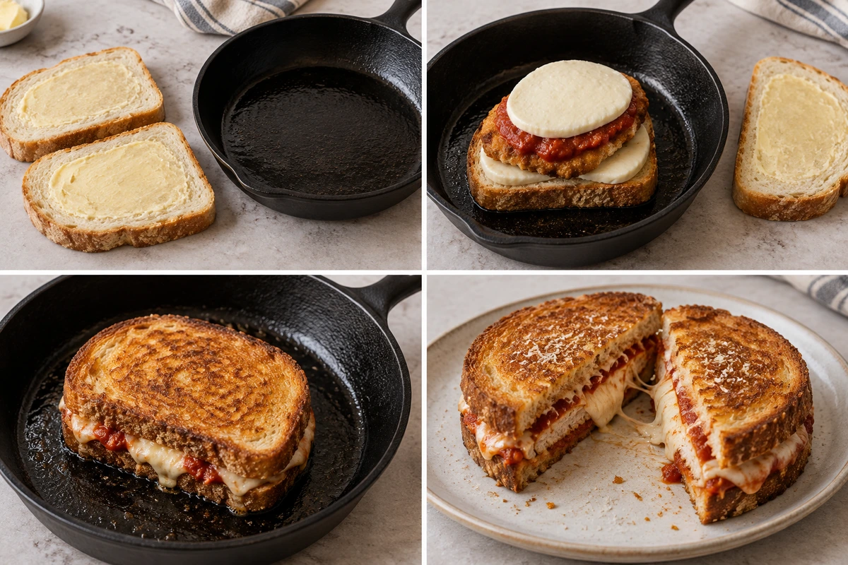 Four chronological preparation stages for Lazy Chicken Parmesan Grilled Cheese Recipe