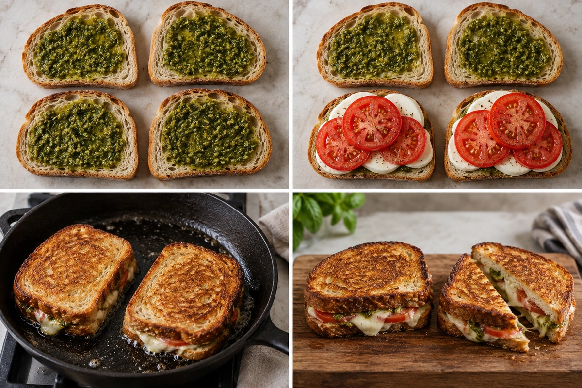 Four chronological preparation stages for Pesto Grilled Cheese Sandwich