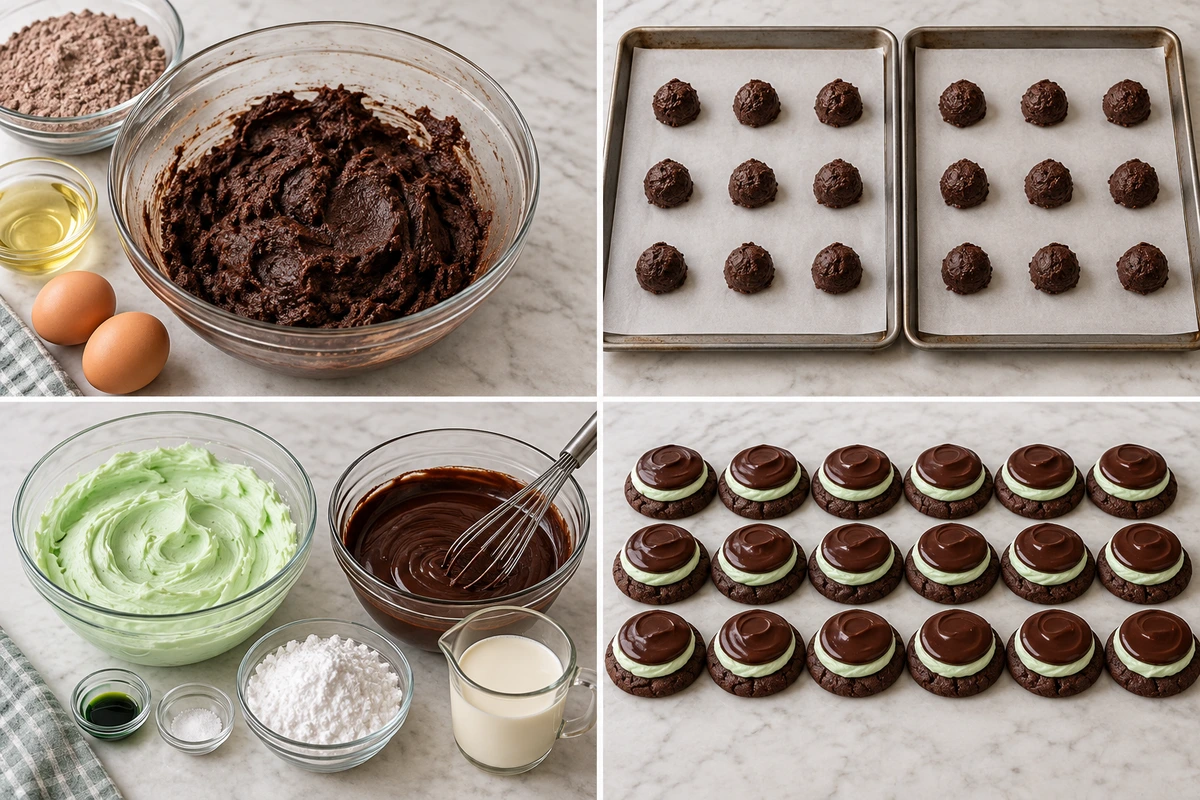 Four chronological preparation stages for Easy Grasshopper Cake Mix Cookies
