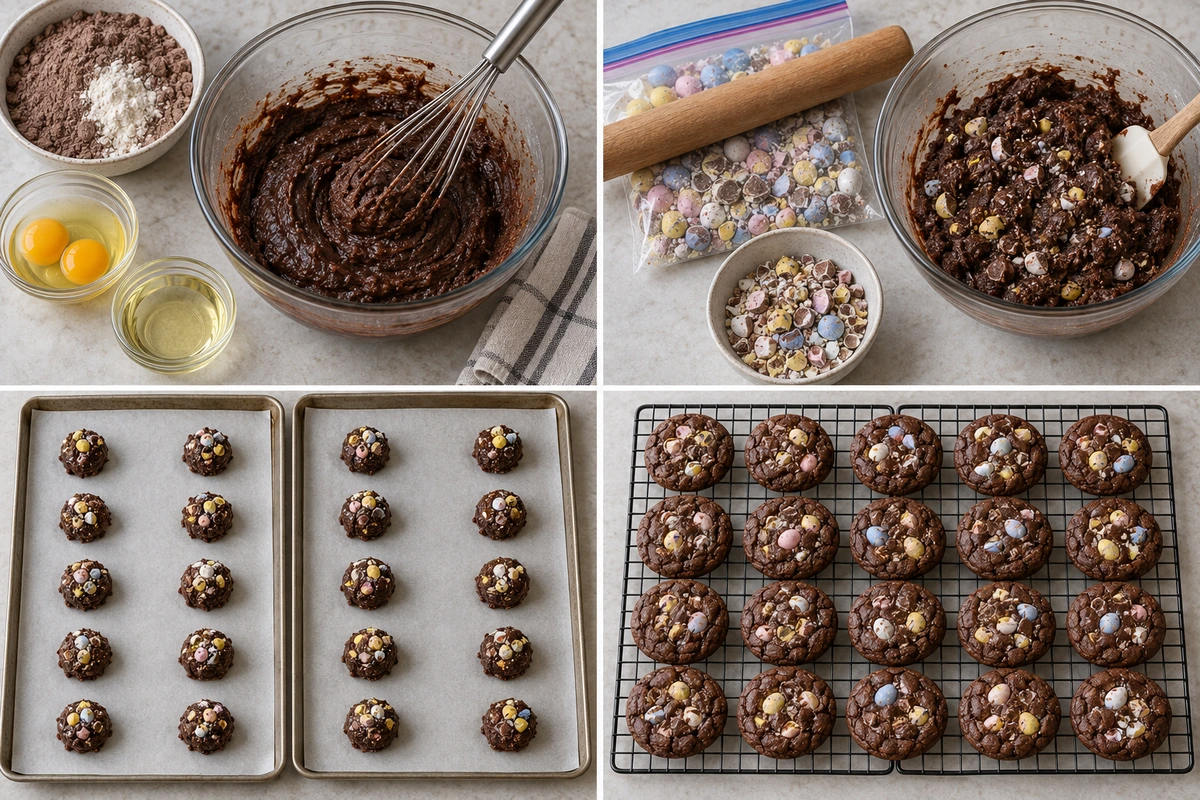 Four chronological preparation stages for Mini Egg Brownie Cookies
