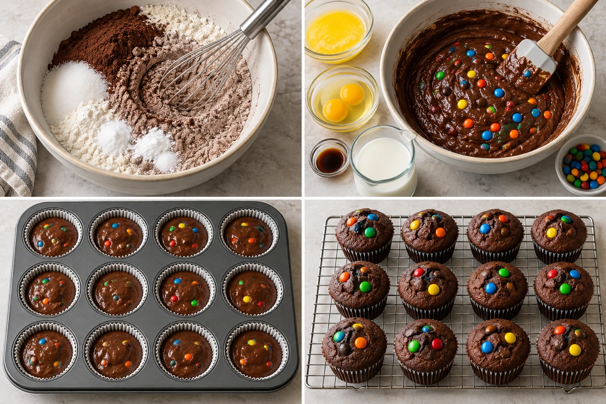 Four chronological preparation stages for M&M Cupcakes Recipe