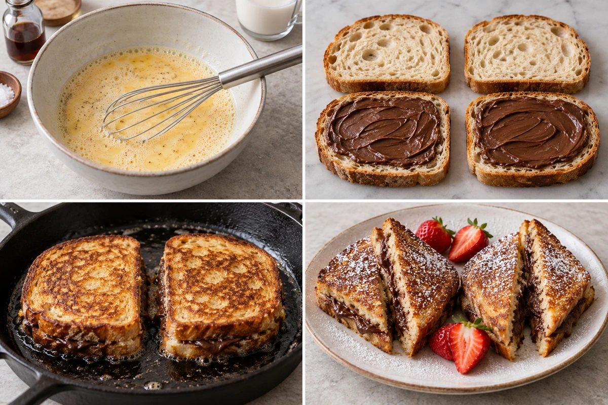 Four chronological preparation stages for Nutella French Toast