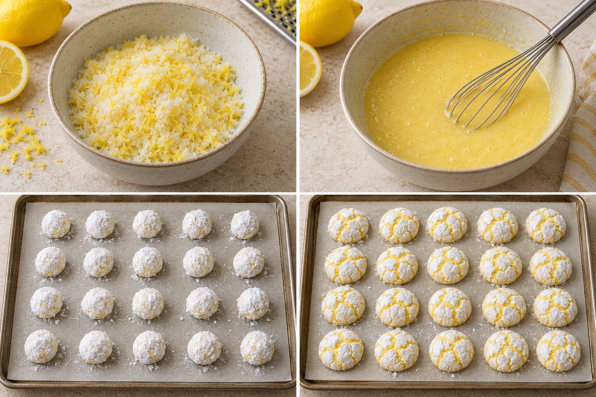 Four chronological preparation stages for Lemon Crinkle Cookies