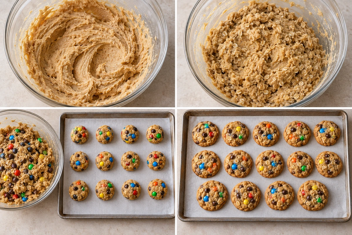 Four chronological preparation stages for Monster Cookies