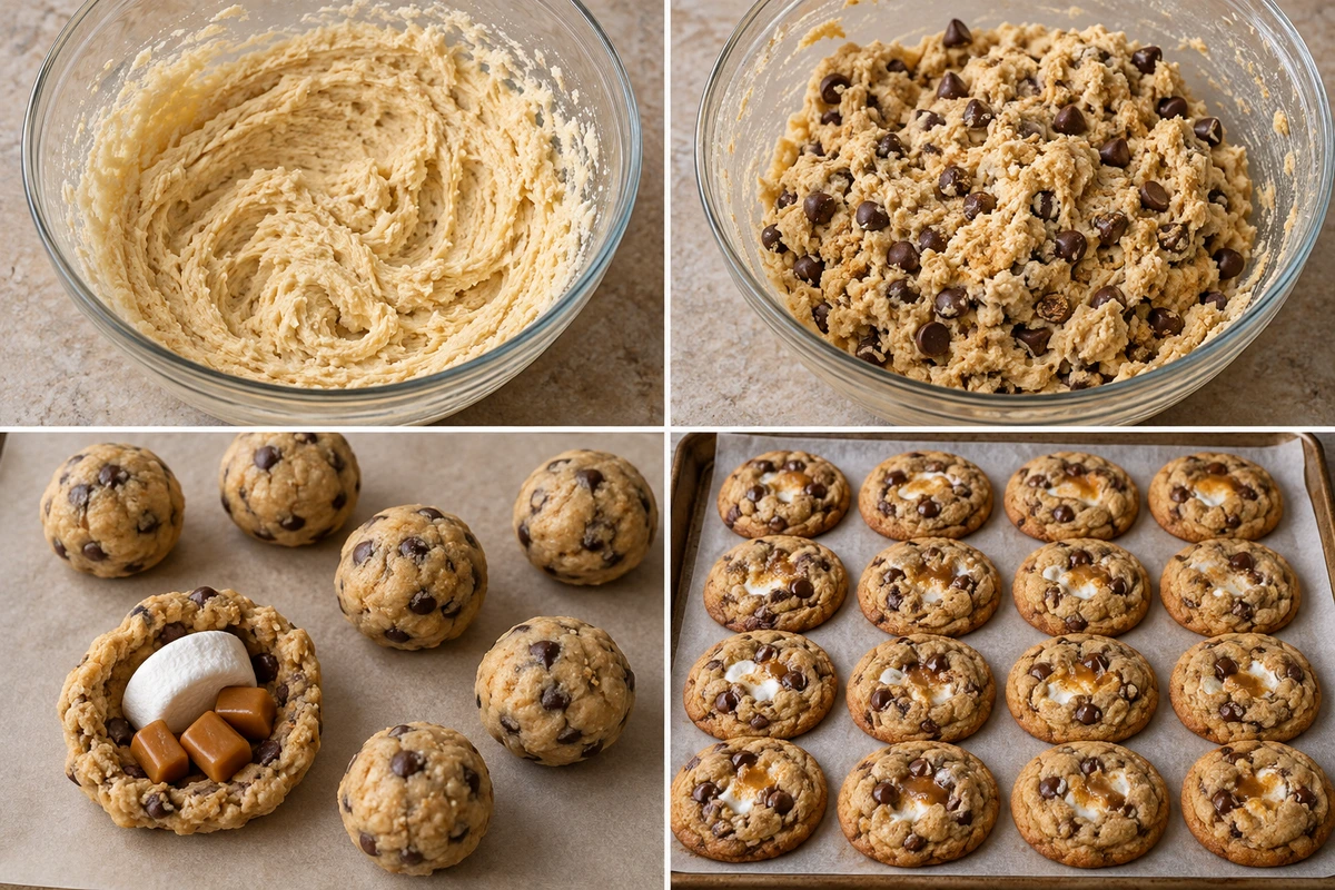 Four chronological preparation stages for S'mores Cookies