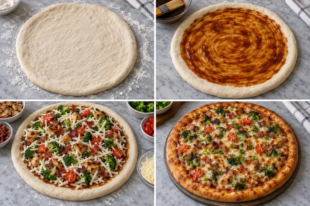 Four chronological preparation stages for Teriyaki Chicken Pizza
