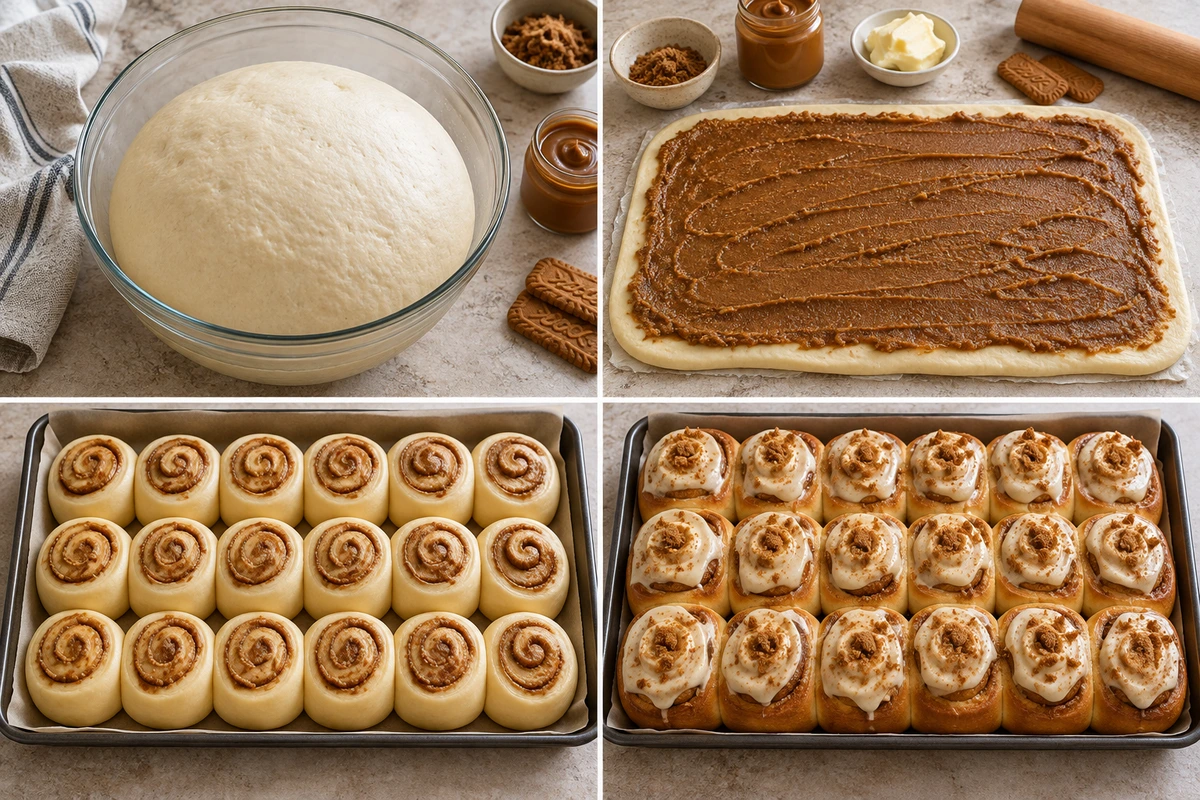 Four chronological preparation stages for Biscoff Cinnamon Rolls