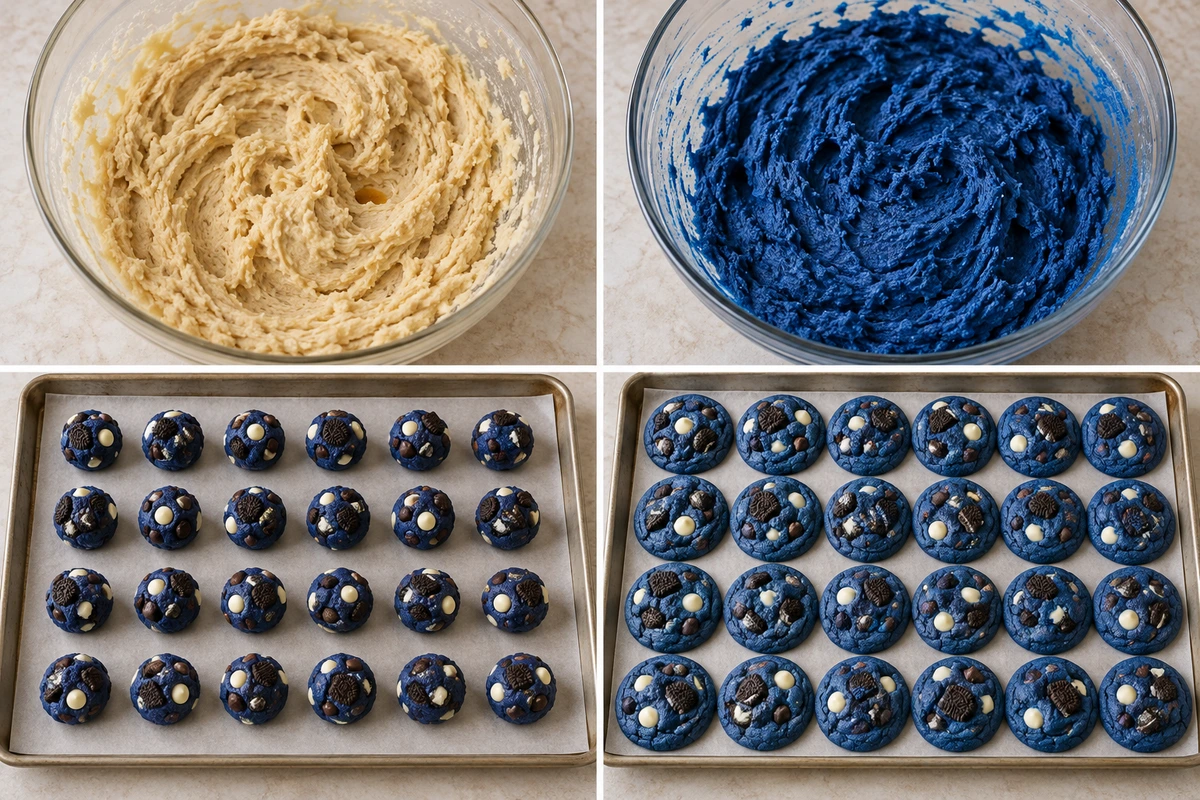 Four chronological preparation stages for Blue Cookie Monster Cookies