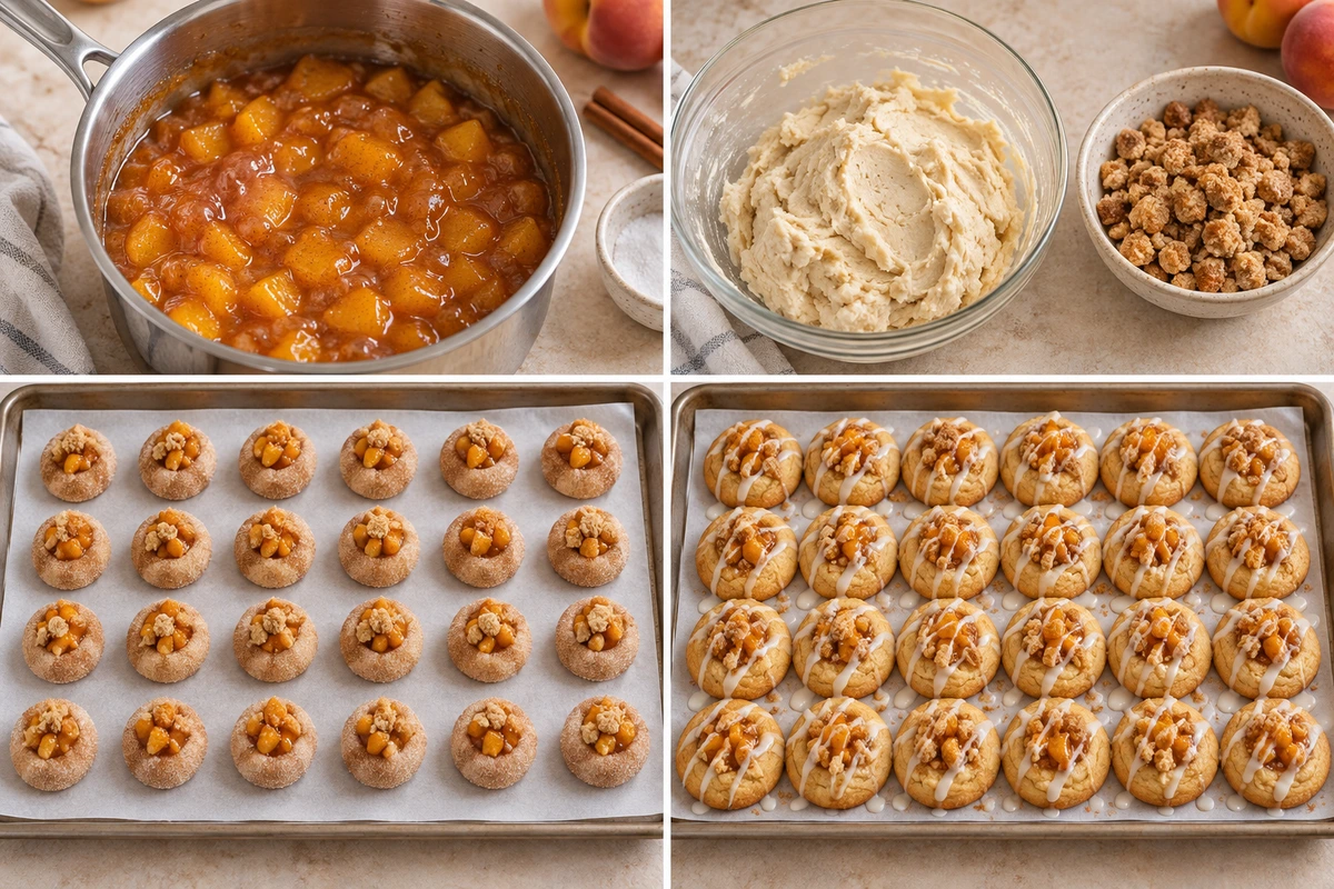 Four chronological preparation stages for Easy Peach Cobbler Cookies