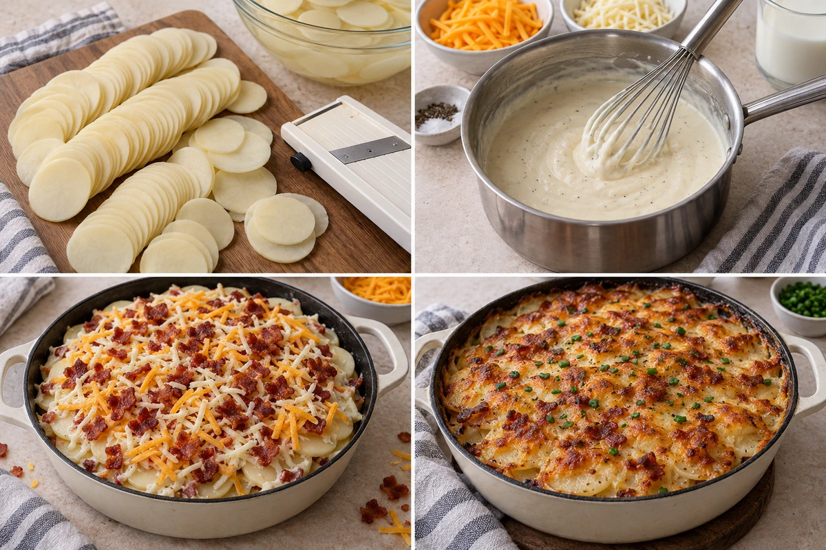 Four chronological preparation stages for Loaded Scalloped Potatoes