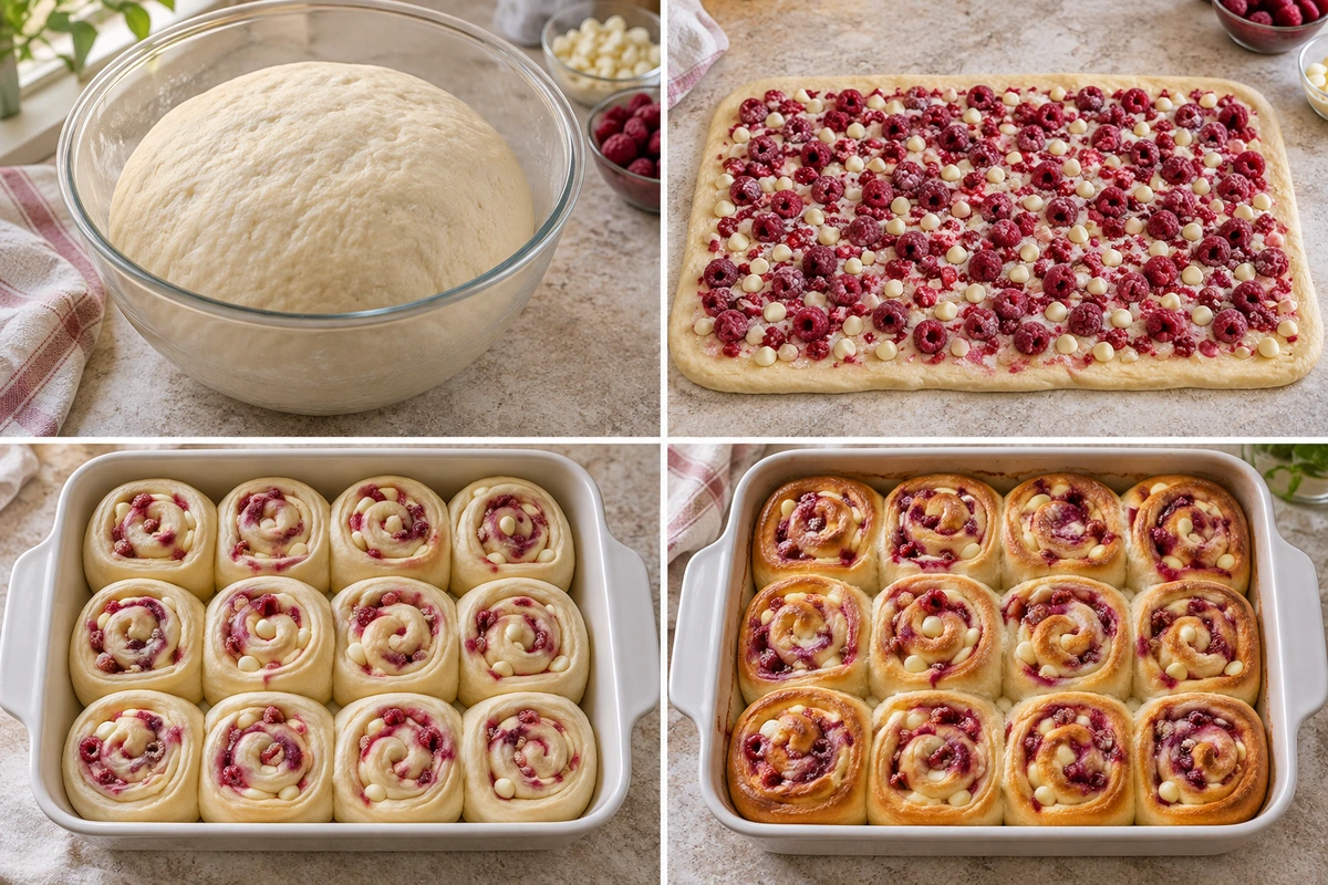 Four chronological preparation stages for White Chocolate Raspberry Rolls
