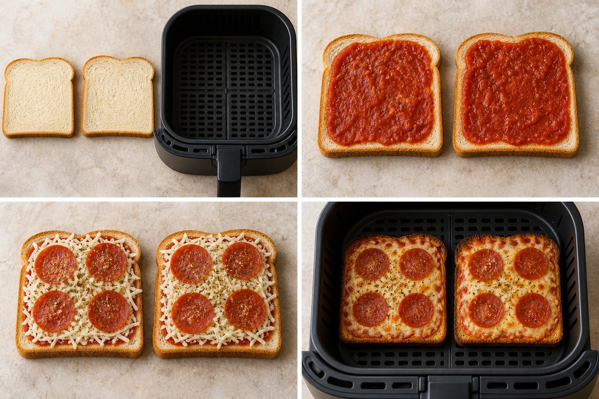 Four chronological preparation stages for Air Fryer Pizza Toast