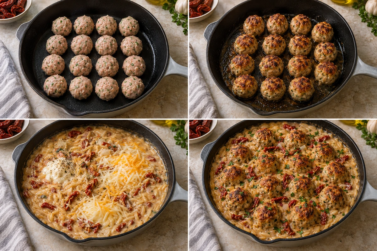 Four chronological preparation stages for Marry Me Chicken Meatball Orzo