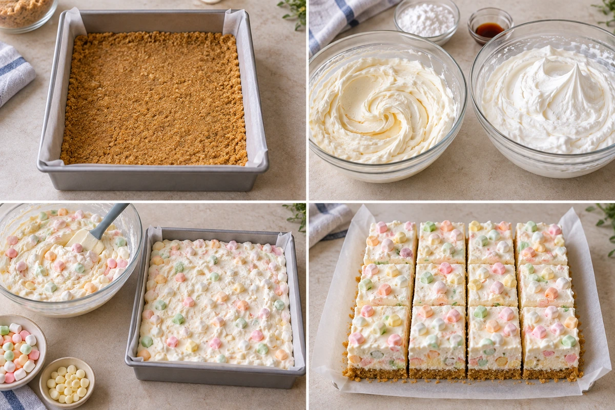 Four chronological preparation stages for No-Bake Marshmallow Slice