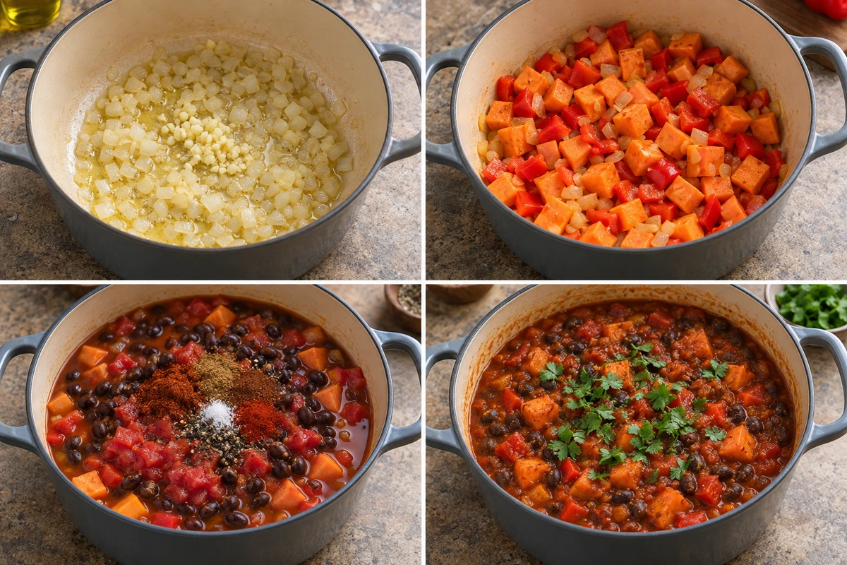 Four chronological preparation stages for Sweet Potato and Black Bean Chili