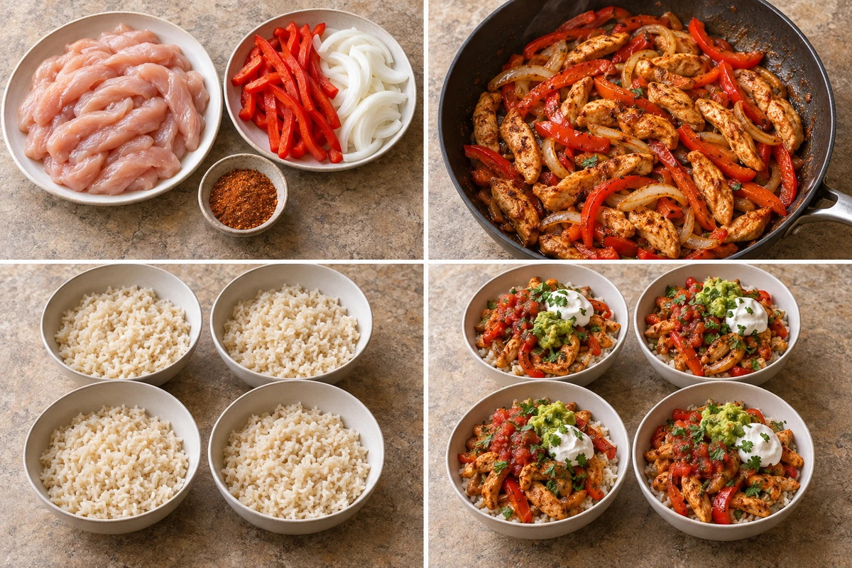 Four chronological preparation stages for Chicken Fajita Bowl