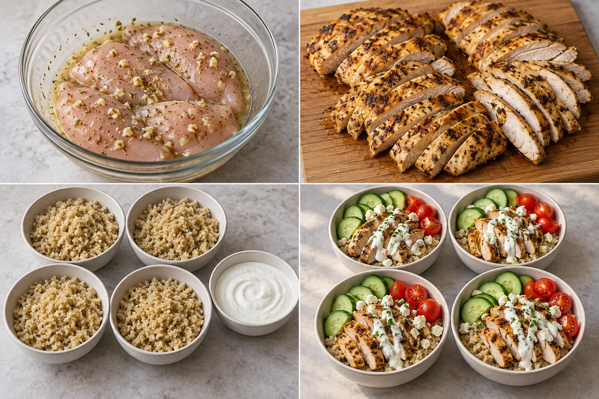 Four chronological preparation stages for Greek Chicken Gyro Bowl