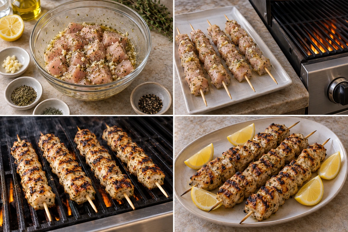 Four chronological preparation stages for Lemon Herb Chicken Skewers