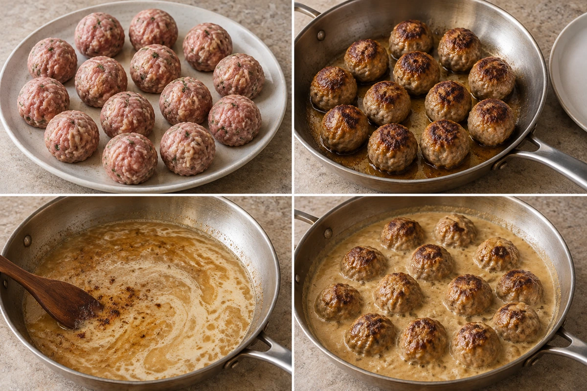 Four chronological preparation stages for Pork and Apple Meatballs