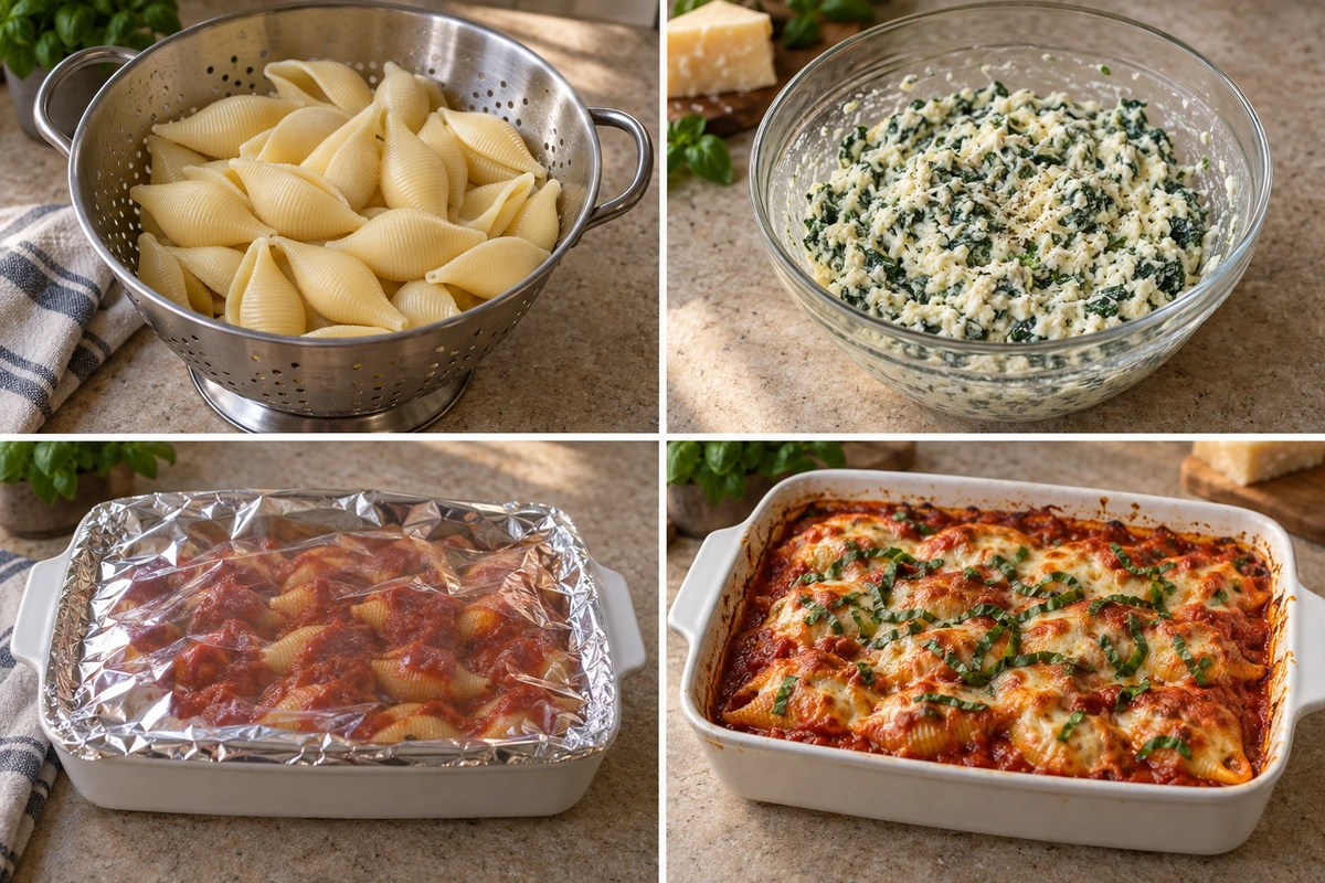 Four chronological preparation stages for Spinach and Ricotta Stuffed Shells
