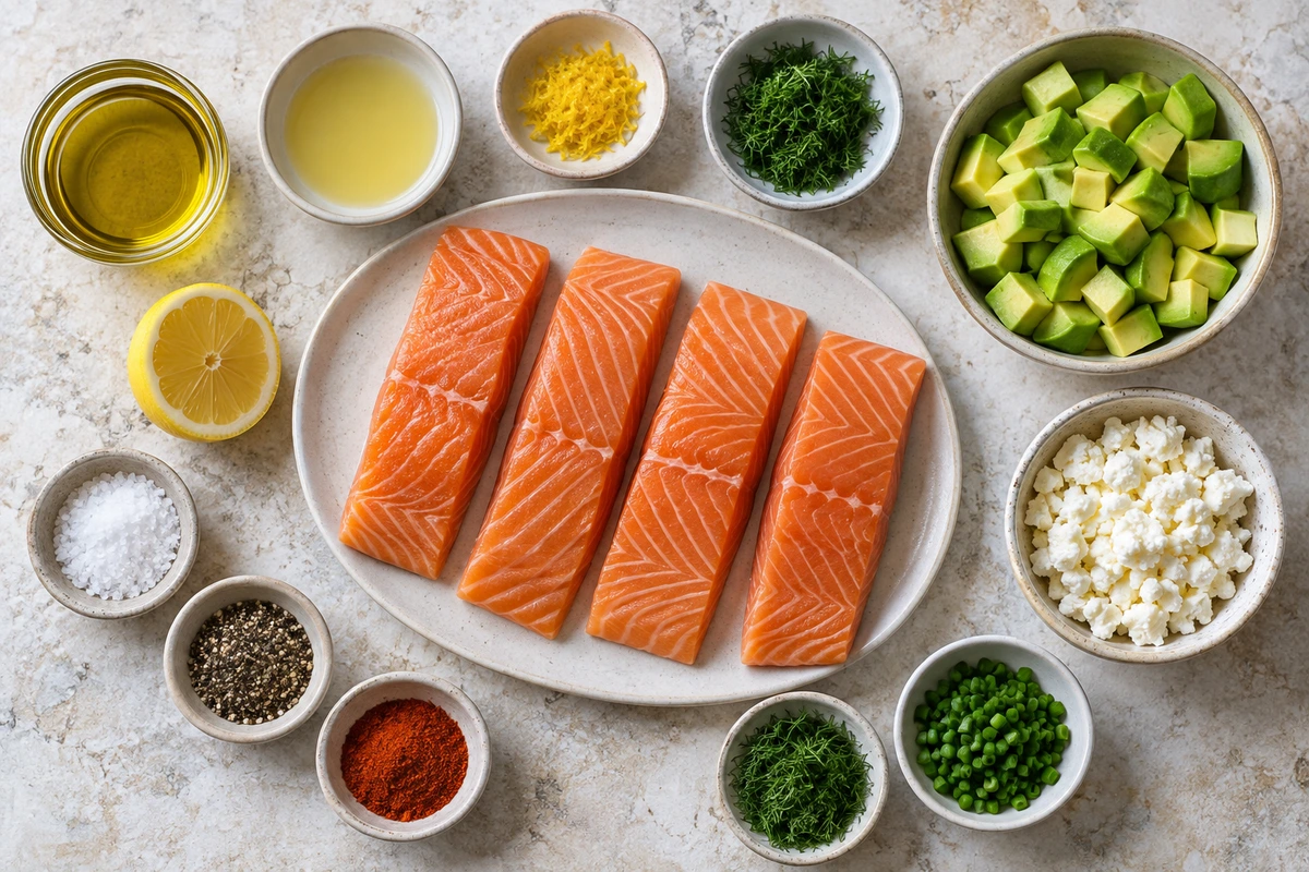 Exact measured ingredients for Baked Salmon with Avocado & Feta
