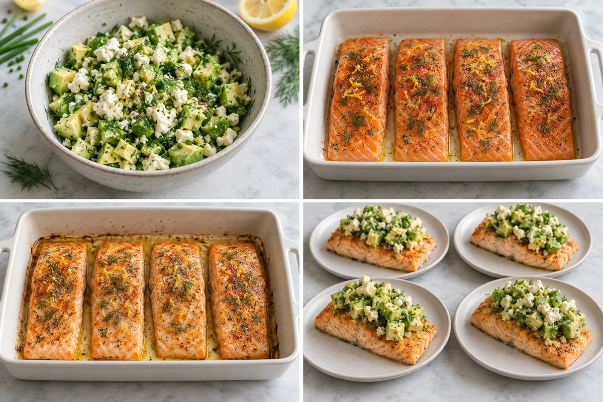 Four chronological preparation stages for Baked Salmon with Avocado & Feta