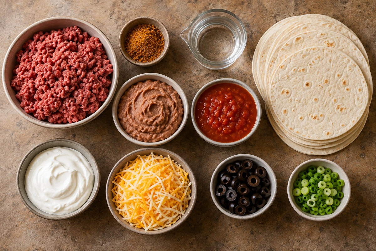 Exact measured ingredients for Layered Taco Bake